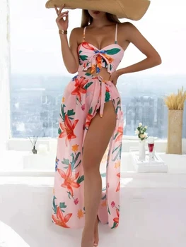 Женский сексуальный комплект бикини из трех частей с цветочным принтом, модный купальник-бандо на бретелях + длинная юбка с завышенной талией, летняя пляжная одежда