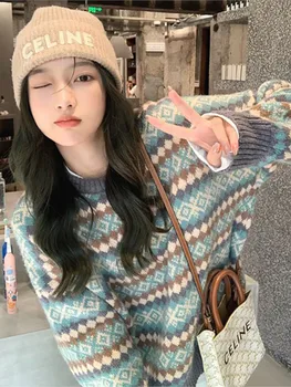 Зимние трикотажные пуловеры, свитера для женщин, синий топ, Винтажные Длинные свободные свитера, теплые джемперы из джерси в корейском стиле Kawaii