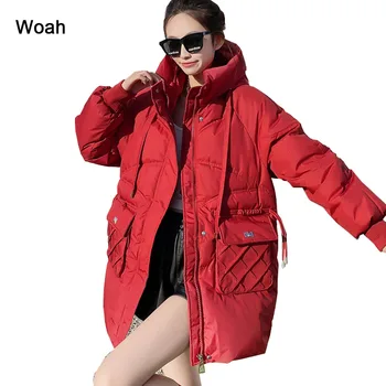 Зимняя куртка, женская толстая парка, Новая модель, простое слово, зимняя пуховая длинная утепленная куртка, модная одежда, большие ярды, 2302 лея