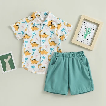 Комплект одежды для мальчиков, Детская официальная одежда, рубашка с милым принтом динозавра, рубашка на пуговицах с коротким рукавом + шорты, Летняя одежда из 2 предметов