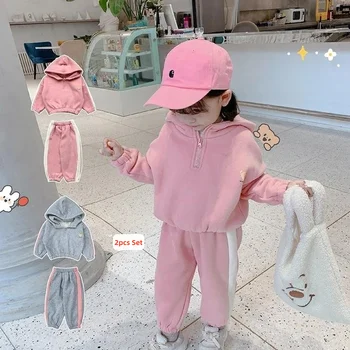 Комплект осенне-зимней одежды для маленьких девочек, корейский стиль, однотонные толстовки, толстовка с длинным рукавом + длинные брюки, спортивный костюм для малышей из 2 предметов, 2 шт.