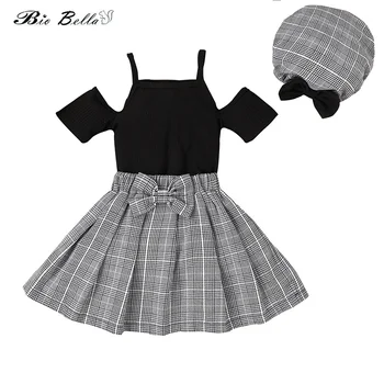Комплекты одежды для девочек 4-7 лет, Новые летние черные футболки с ремешком + шляпа + юбки в клетку, милые костюмы принцессы для девочек