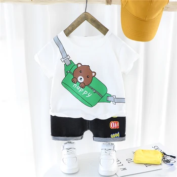 Комплекты одежды для маленьких девочек и мальчиков Летняя Детская футболка с мультяшным медведем, шорты, детская одежда, повседневная спортивная одежда для малышей