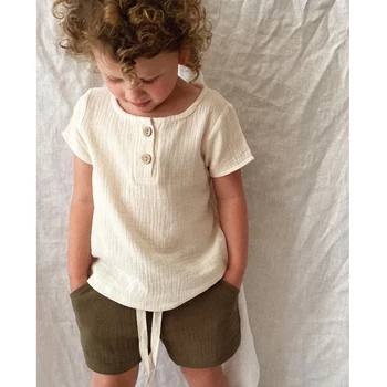 Комплекты одежды для маленьких мальчиков, пуловер с короткими рукавами, футболки на пуговицах + эластичные шорты