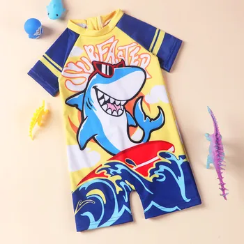 Купальник для маленьких мальчиков Цельный Боди с принтом мультяшной Акулы на молнии, Солнцезащитный костюм, Купальники, купальный костюм