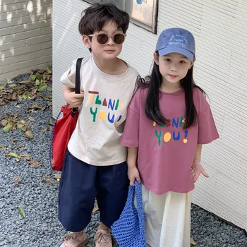Летние футболки с короткими рукавами в корейском стиле с цветными буквами Для мальчиков и девочек, мягкие свободные хлопковые топы