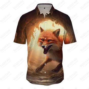 Летняя рубашка с коротким рукавом, рубашка с 3D-принтом в виде животного и лисы, мужская спортивная повседневная рубашка, модный тренд, рубашка с коротким рукавом