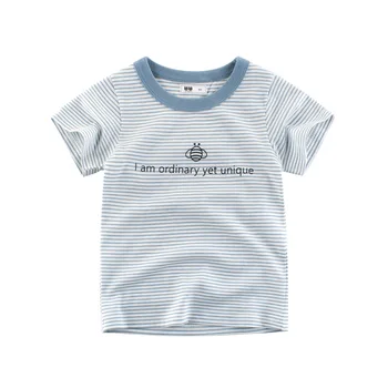 Летняя хлопчатобумажная футболка в полоску для мальчиков и девочек, топы с короткими рукавами с надписями, детская одежда для девочек, детская одежда для малышей.