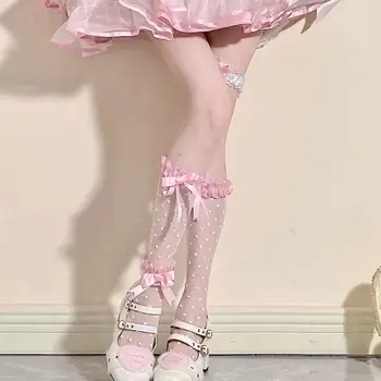 Лолита Розовое Кружево с бантом В горошек, Кружевные Носки Jk с коротким рукавом до середины Икры, Милые Чулки для девочек Корея Япония