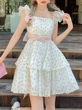 Милое дизайнерское повседневное платье с женским бантом 2023 Летнее платье с летящим рукавом Kawaii Sweet Dress Женское платье с цветочным принтом Франция Винтажное Мини-платье