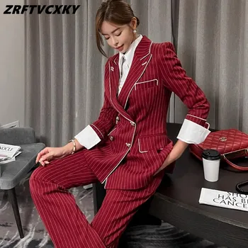 Мода, профессия в полоску, 2 костюма, брюки, Женское осенне-зимнее элегантное двубортное пальто + простые брюки, Корейский офисный комплект OL