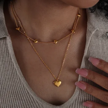 Модное женское ожерелье с двухслойной цепочкой в виде сердца, 18-Каратное Позолоченное ожерелье-чокер из нержавеющей стали, Водонепроницаемые Ювелирные изделия, подарки