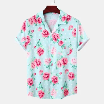 Модные Гавайские рубашки мужские с цветочным принтом, короткий рукав, Летние каникулы 2023, рубашка на пуговицах