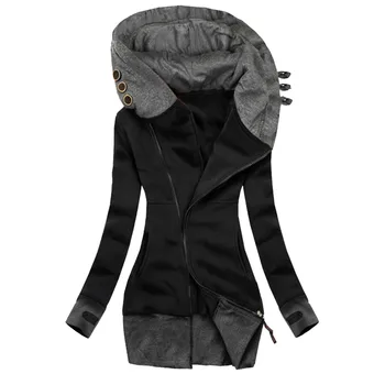 Модные длинные толстовки на молнии, куртки для женщин, черные, серые толстовки с капюшоном в цветном блоке, осенне-зимнее теплое пальто, модный Молетом