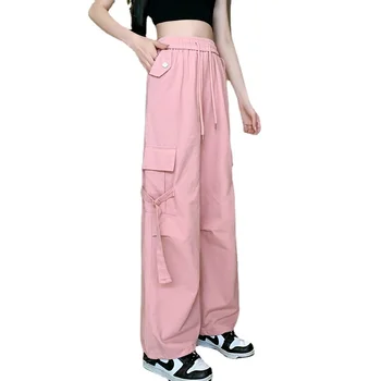 Модные женские брюки-карго, летние Повседневные брюки из тонкого хлопка с высокой талией, Универсальные широкие брюки