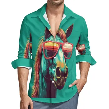 Мужская рубашка с рисунком лошади, солнцезащитные очки, повседневные рубашки, осенняя уличная одежда, блузки на заказ, модные топы Оверсайз с длинным рукавом