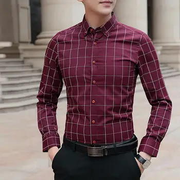 Мужская рубашка, футболка с длинным рукавом в клетку, мужская официальная однобортная рубашка на пуговицах, теплый деловой осенний топ, мужская одежда