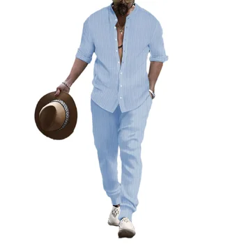 Мужские полосатые костюмы из рубашки и брюк с воротником Генри, рубашки с длинным рукавом, повседневные спортивные комплекты, уличная одежда, осень, 2 предмета