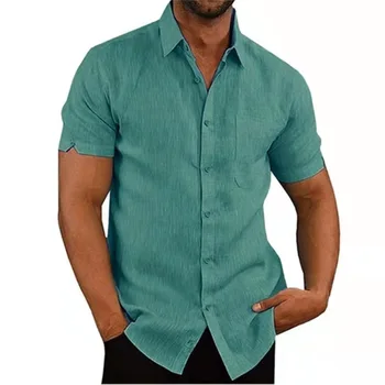 Мужские хлопчатобумажные льняные рубашки с короткими рукавами, летние однотонные рубашки с отложным воротником, повседневная мужская одежда в пляжном стиле, рубашки для мужчин
