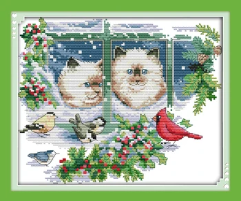 Набор для вышивания крестиком Joy Sunday с предварительной печатью Easy Pattern Aida Из тисненой ткани-Four Seasons Cats (4)-Зима