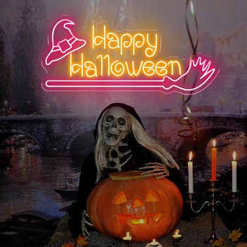 Неоновые вывески Happy Halloween Фестиваль Вечеринка Гобелены для дома, спальни, украшения, неоновая световая вывеска, индивидуальный подарок на Хэллоуин для детей