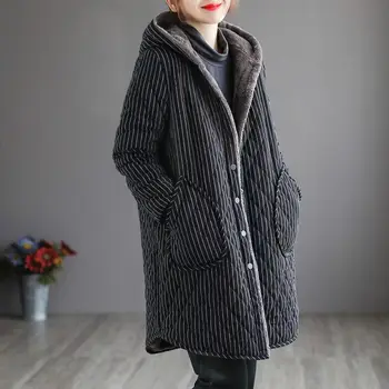 Новая зимняя женская куртка с хлопковой подкладкой, повседневная стеганая куртка с капюшоном, утепленная плюс бархатная женская верхняя одежда, длинные парки в полоску, одежда