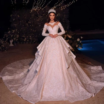 Новое изысканное бальное платье с круглым вырезом и королевским шлейфом на пуговицах, свадебное платье с роскошными аппликациями из бисера, блестящее кружевное платье принцессы невесты