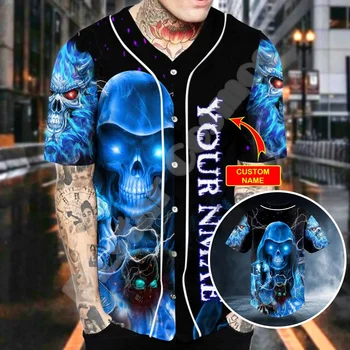 Новомодное пользовательское название Череп Grim Reaper Ghost Tattoo Ретро 3D печать Harajuku Летние Забавные бейсбольные рубашки Джерси с короткими рукавами Q