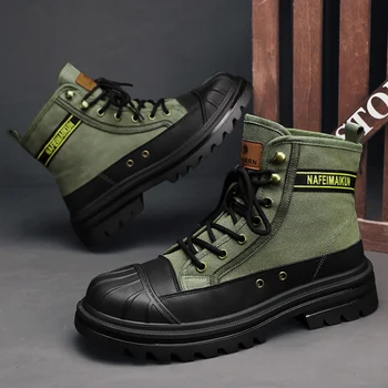 Новые дизайнерские зеленые парусиновые ботильоны, мужская кожаная Безопасная рабочая обувь для мужчин, ботинки для инструментов на платформе, мужская мотоциклетная обувь с высоким берцем