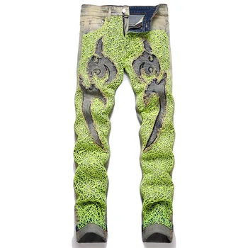 Новые летние уличные Зеленые джинсы с вышивкой буквами в виде паутины 2023 года, прямые эластичные облегающие модные мужские джинсы