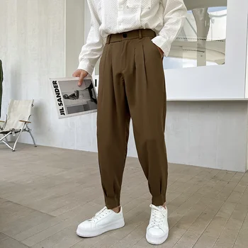 Новые модные Весенне-летние брюки Мужские Брюки с зауженным низом и разрезом в корейском стиле, белые, хаки, черные Повседневные брюки с эластичной резинкой на талии, Мужские