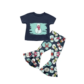 Новый дизайн, одежда для девочек в рождественском стиле, ткань из молочного шелка с милым рисунком снеговика, расклешенные брюки с короткими рукавами, комплект из 2 предметов
