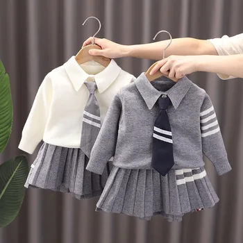 Новый комплект свитеров для девочек, одежда для маленьких девочек в академическом стиле, комплект из двух предметов в полоску, Милая юбка для девочек, одежда для малышей 1-3 лет