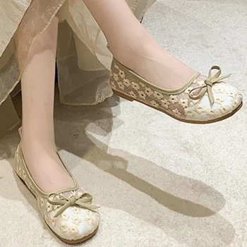 Обувь для женщин, мода 2023 года, весна и осень, смешанные цвета, бабочка, Круглый носок, цветы, чистая пряжа, Дышащая обувь для женщин