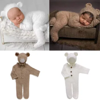 Одежда для фотосъемки новорожденных, Мохеровый комбинезон ручной работы, Детские принадлежности, комбинезон, Комплект шляп, Однотонная детская одежда