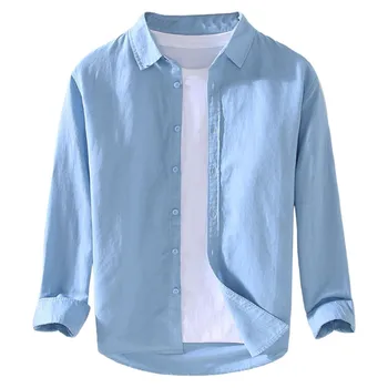 Однотонные рубашки для мужчин Повседневные топы с длинными рукавами Красивая мужская синяя рубашка Повседневная рубашка оверсайз Мужская одежда Наряд