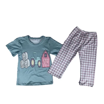 Оптовая продажа детской фермерской одежды, детской одежды с коротким рукавом, клетчатых штанов, комплектов для мальчиков