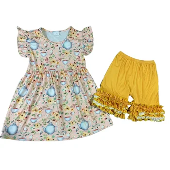 Оптовые комплекты платьев с короткими рукавами для девочек, детская одежда с цветочным рисунком, детская одежда для малышей