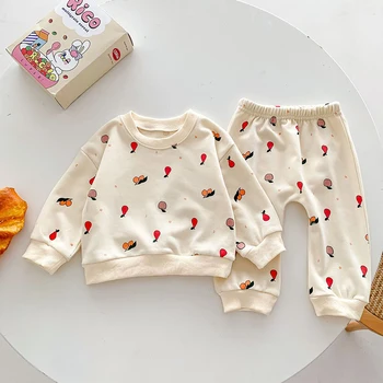 Осенне-весенний комплект одежды для новорожденных девочек, хлопковая футболка с длинными рукавами и принтом + брюки, костюм для детей от 0 до 3 лет