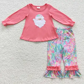 осенний западный модный детский брючный костюм с вышивкой Санта-Клауса розового цвета с длинным рукавом и красочным рисунком для маленьких девочек, бутик одежды