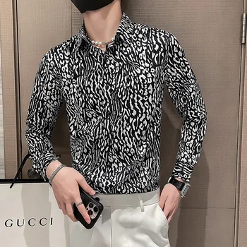 Осенняя мужская рубашка с леопардовым принтом 2023, Приталенная повседневная деловая рубашка с длинным рукавом, модная уличная одежда, блузка-смокинг для светских вечеринок