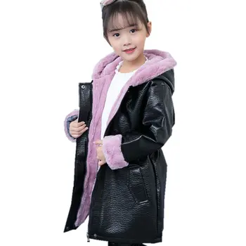Пальто из искусственной кожи MODX для девочек, пальто из искусственной кожи с капюшоном, кожаная плюс бархатная куртка, водонепроницаемая верхняя одежда для детей 3-13 лет
