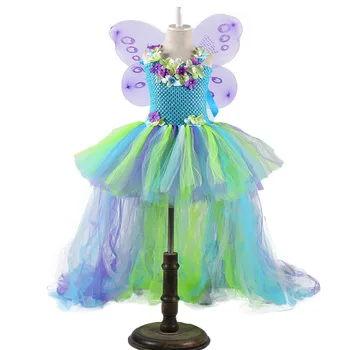 Платье-пачка с цветами для девочки-феи с крыльями, свадебное платье для детей Woodland, вечеринка по случаю дня рождения, праздничный костюм с шлейфом, праздничный костюм для театрализованного представления
