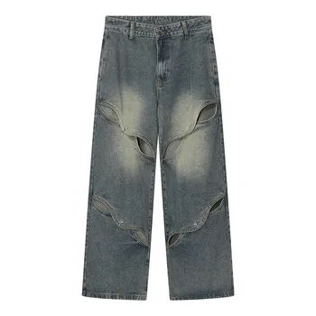 Повседневные джинсовые брюки в стиле хип-хоп с дырками, мужские синие Свободные джинсовые брюки Harakuju в стиле пэчворк