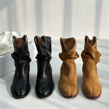 Полосатые сапоги MM в западном стиле из замши, телячьей кожи, ботильоны с раздельным носком, роскошный дизайн, Высококачественная женская обувь