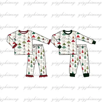 Рождественский пижамный комплект для мальчиков и девочек, штаны с длинными рукавами и принтом Рождественской елки, пижамный комплект из 2 предметов