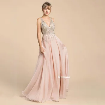 Розовое вечернее платье с V-образным вырезом в римском стиле, расшитое блестками, женские платья А-силуэта для особых случаев, праздничные платья без рукавов на молнии сзади