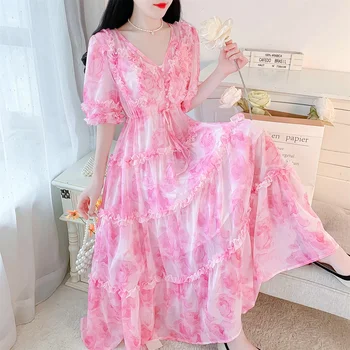 Розовое милое Летнее платье для женщин, миди для отдыха, Нежный темперамент, V-образный вырез, Винтажное Сказочное шифоновое платье трапециевидной формы, Праздничное платье 2023 года