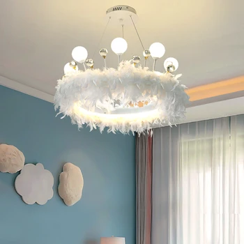 Романтическая люстра в скандинавском стиле с перьями для спальни, современный хрустальный подвесной светильник для комнаты девушки, гостиная, светодиодная декоративная подвесная лампа