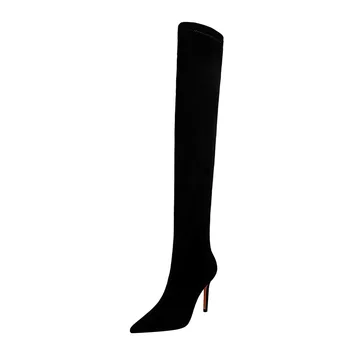 Роскошные модные зимние женские ботинки в минималистичном стиле на тонком каблуке высотой 9,5 см, замшевые пикантные сапоги до колена, Черные, Большие размеры 34-43